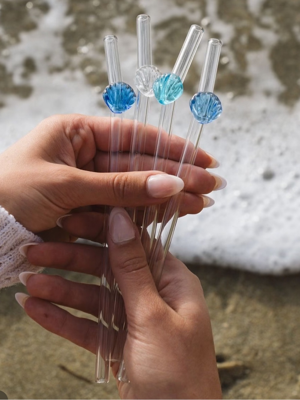 Shell Icon Glass Straws - Blue & Clear, Set of 4